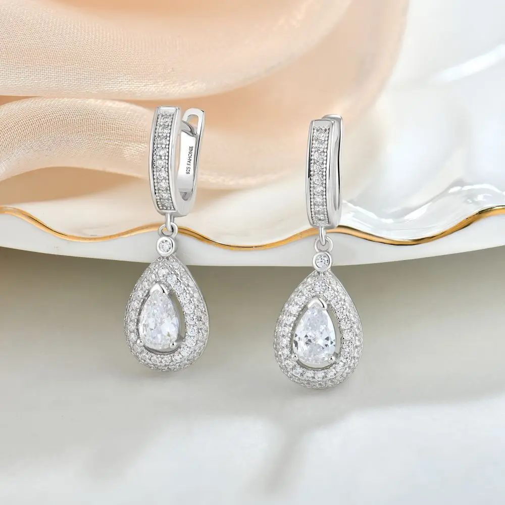 YH JEWELLERY Wholesale Silver Pear Shape Hoop Earrings Simulated Diamonds CZ Sterling Silver Dangle Earring For Women