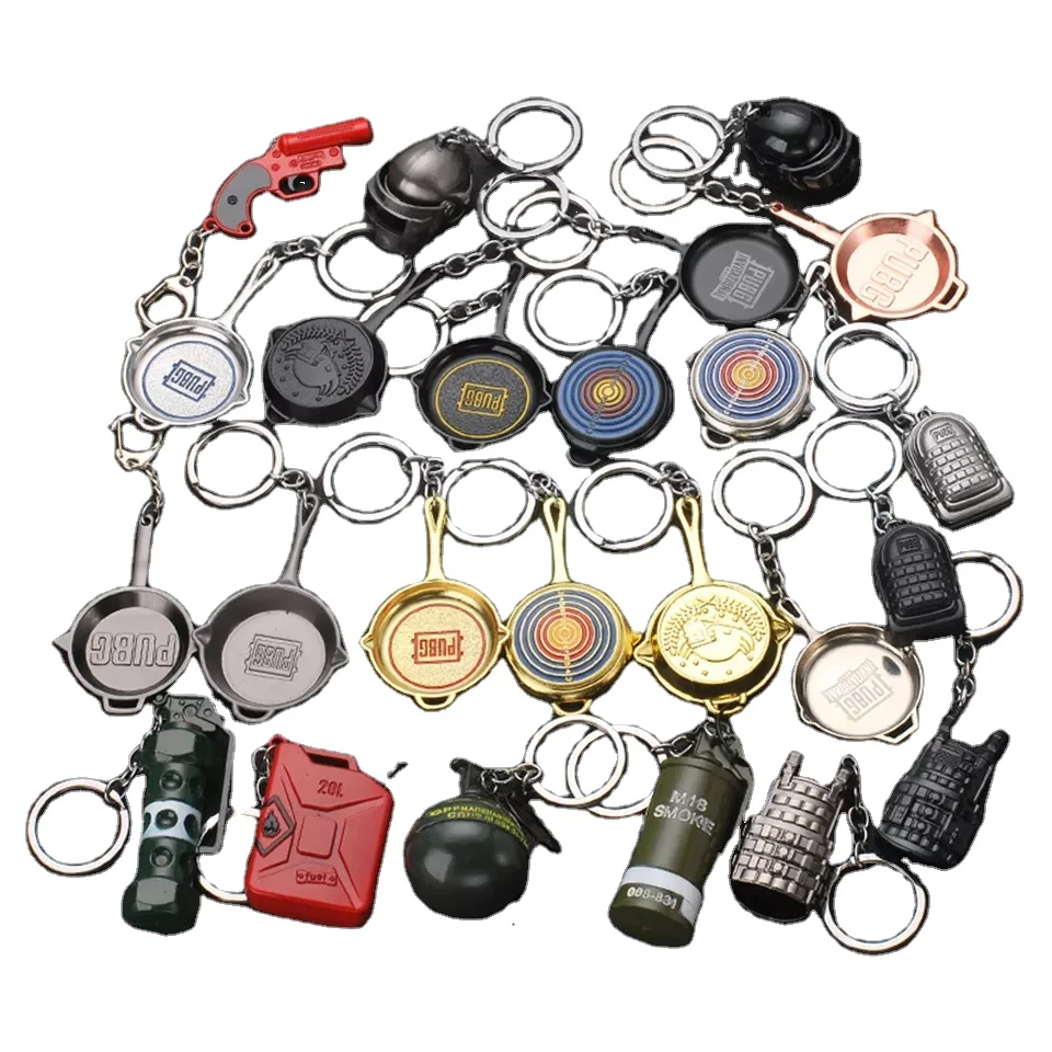 Hot sale cheap metal keyring weapon free sample keychain pubgs keychains Helmet bag level Flare Gun
