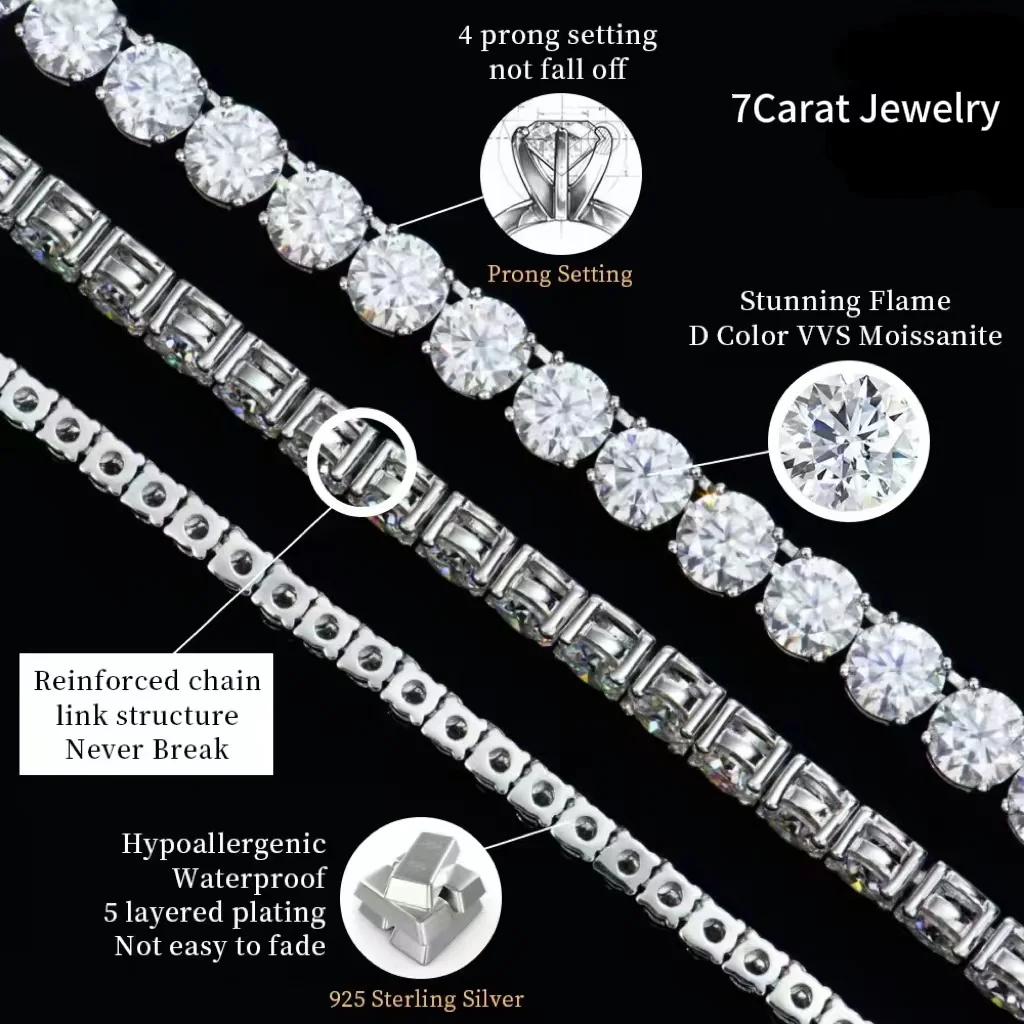7 Carat Top Quality Moissanite Jewelry Tennis Bracelet 3-8mm 925 Sterling Sliver VVS1 D color GRA Certified Moissanite Jewelry