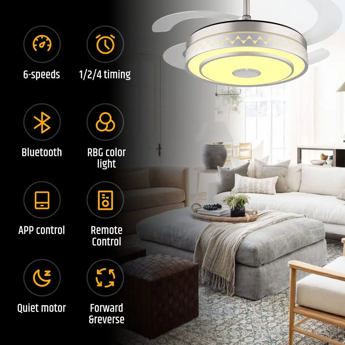 OEM Ceil Fan Light CCT Modern Chandelier Pendant Speaker 2.4G Remote App Color Changing Smart Music LED Ceiling Fan with Light