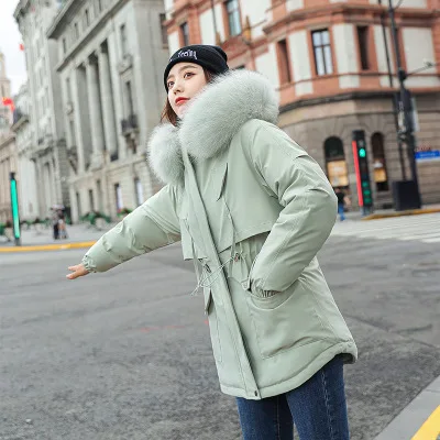 Parker Women Medium Long Hooded Parka Coat 2021 New Parka Fashion Adjustable Waist Fur Collar Winter Cotton Outerwear Knitted