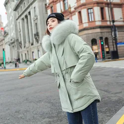 Parker Women Medium Long Hooded Parka Coat 2021 New Parka Fashion Adjustable Waist Fur Collar Winter Cotton Outerwear Knitted