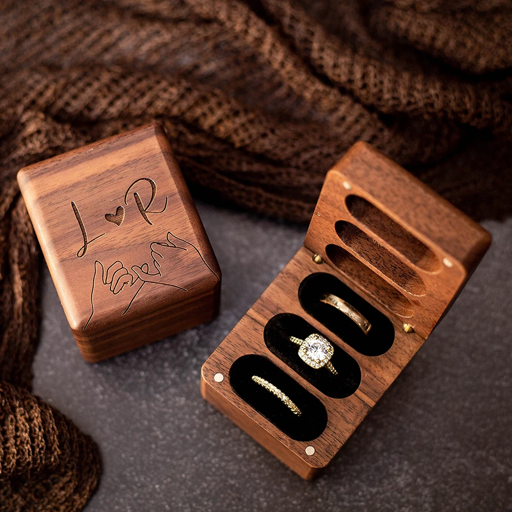 Triple Flip Wood Ring Bearer Box Engraved Wedding Ceremony Engagement Ring Storage Holds 3 Rings Jewelry Boxes