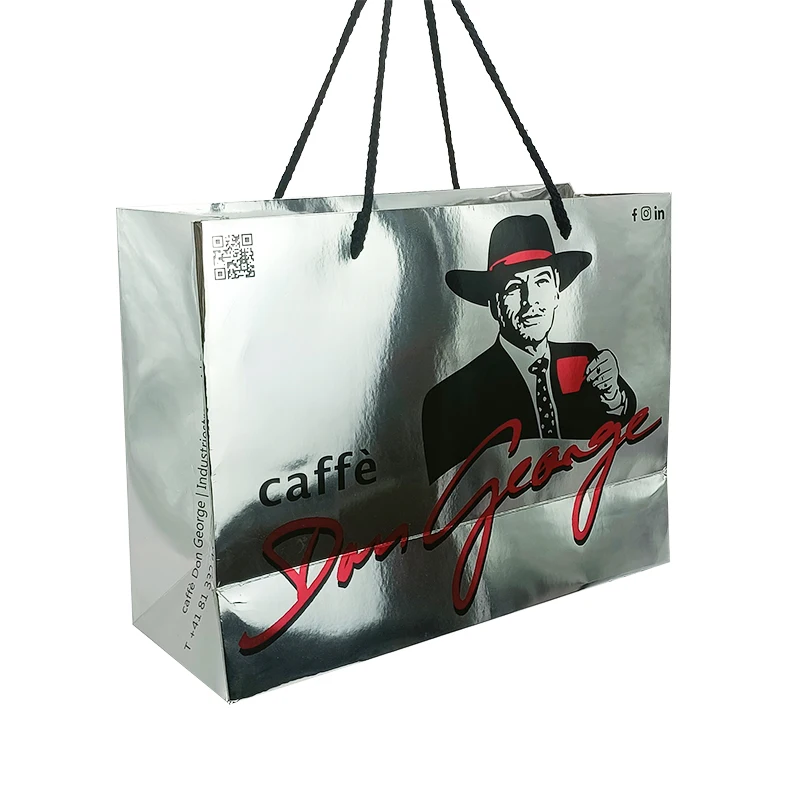 Recyclable luxury sliver shoes clothes packaging paper bags printed custom logo clothing shopping gift coffee wine paper bag