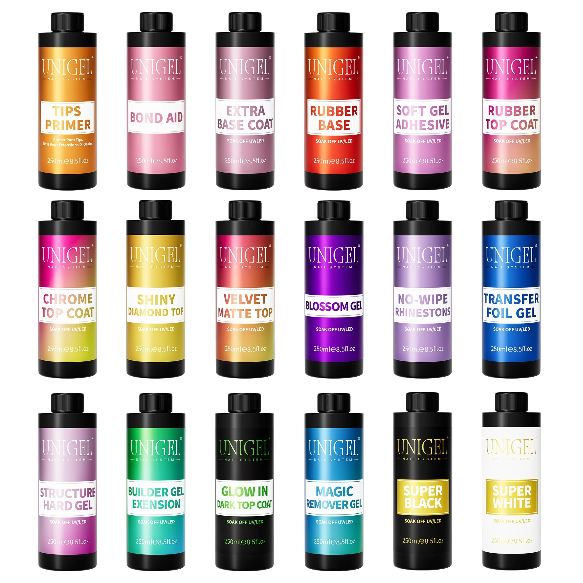 Unigel OEM Service MultiFunctional Rubber Gel Base Coat Nail Tips Glue Polish Set for Nail Salon