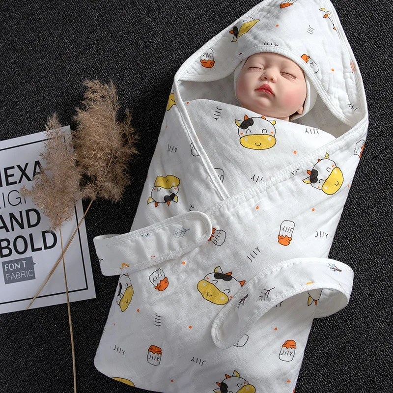 super soft 100% Cotton unisex organic muslin  Muslim cartoon Receiving  Swaddle hooded Blanket Blankets  for new born Baby