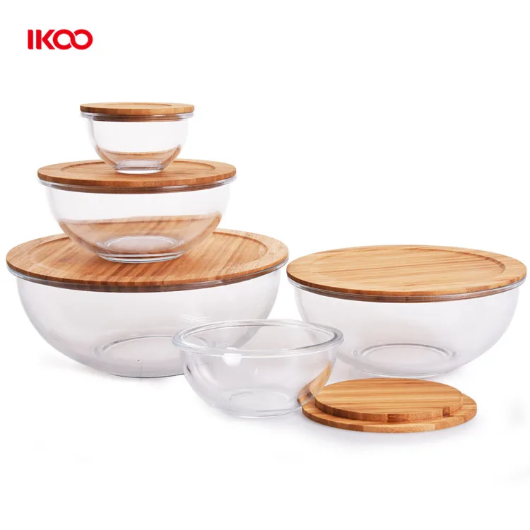 round glass fruit salad food prep serving bowl glass mixing bowl with wood lid