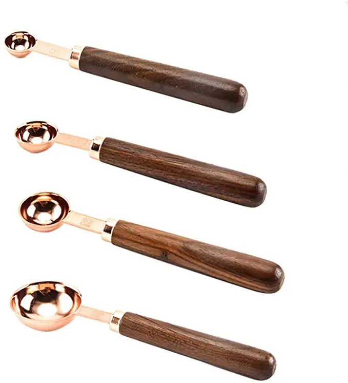 4 pieces wooden handle Coffee stainless steel copper plated measuring spoons With Wooden Handle