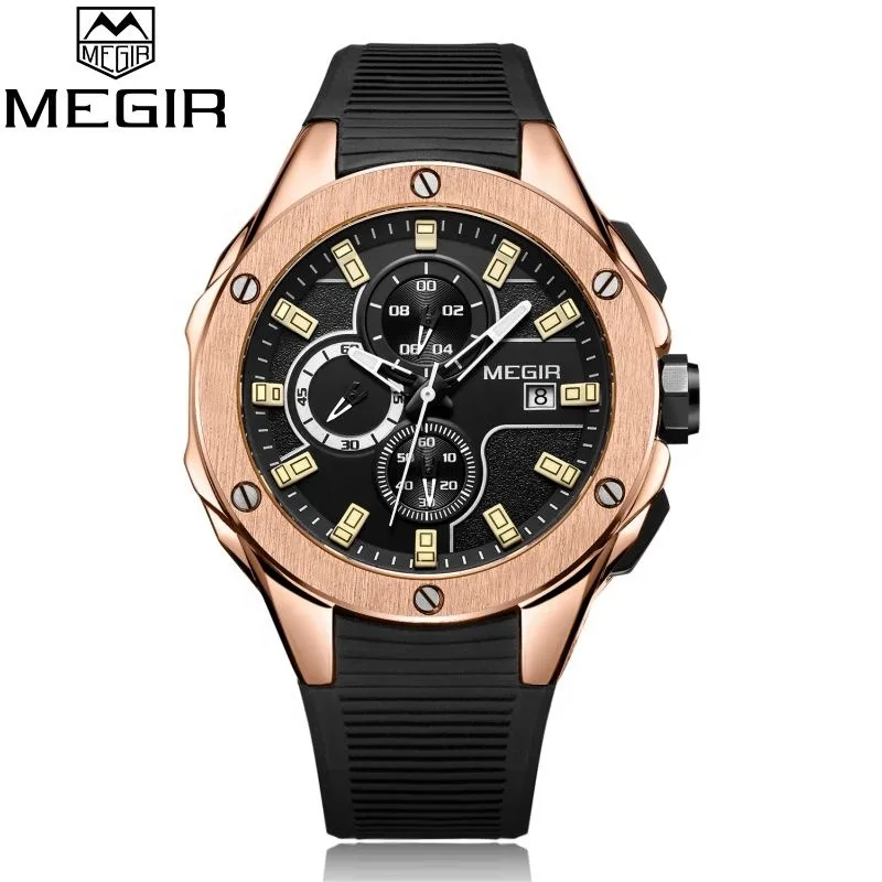 Custom Megir 2053 chronograph watch Stainless Steel Back WristWatch Quartz waterproof Sport Silicon Man luxury Watch