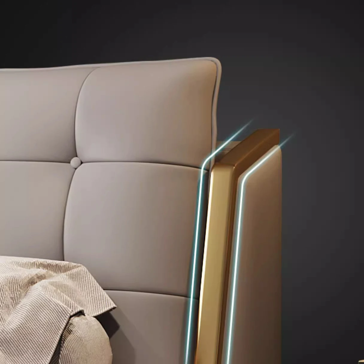 king size Brown leather bed bedroom furniture stainle steel frame master wooden beds villa bed