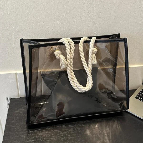 Wholesale clear colored PVC tote shopping bags custom logo cotton rope handle bags gift bag