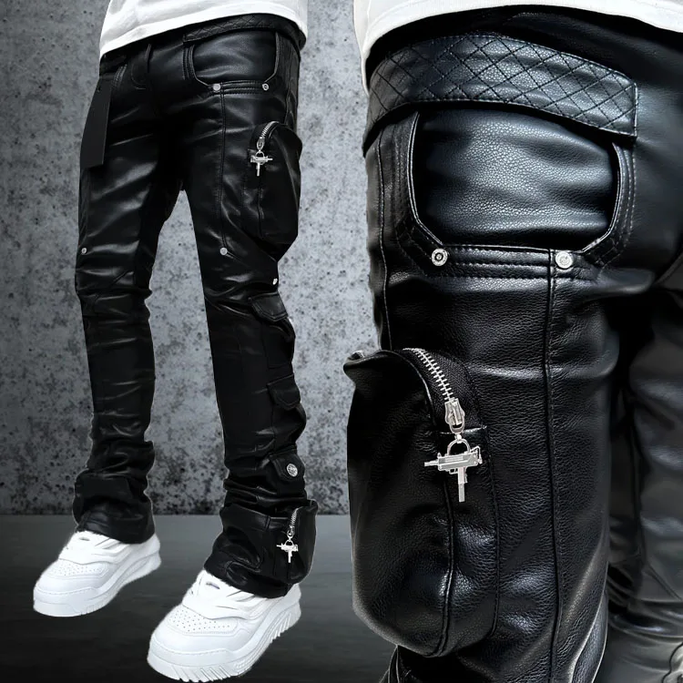 Wholesale designer high quality black leather pants men custom zipper pockets slim fit skinny jeans vintage Y2K pants