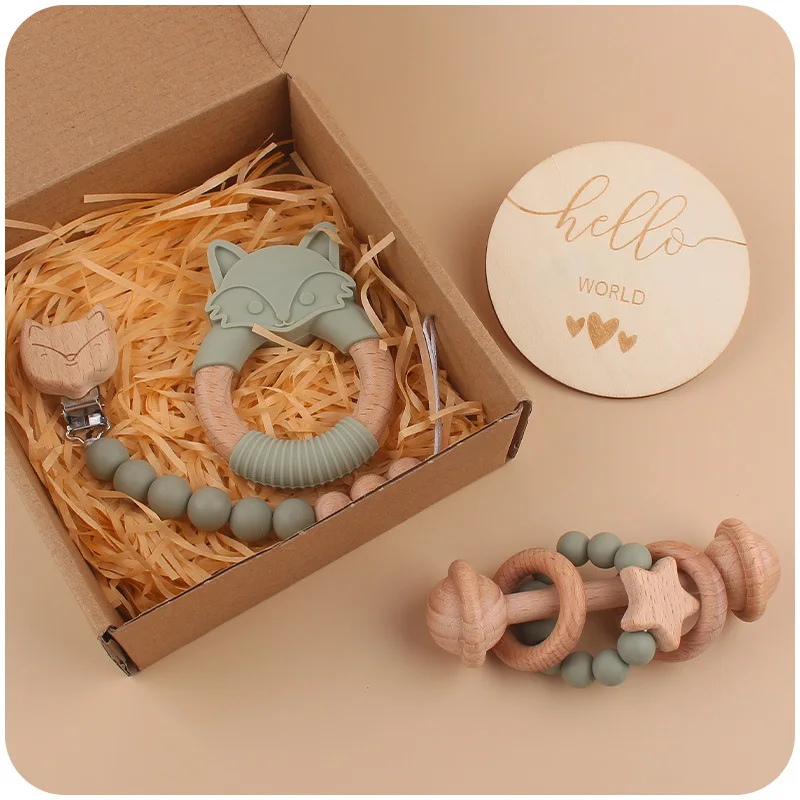 New design baby beech silicone 4pcs baby gift set headband bunny teether rattle chewable baby teether