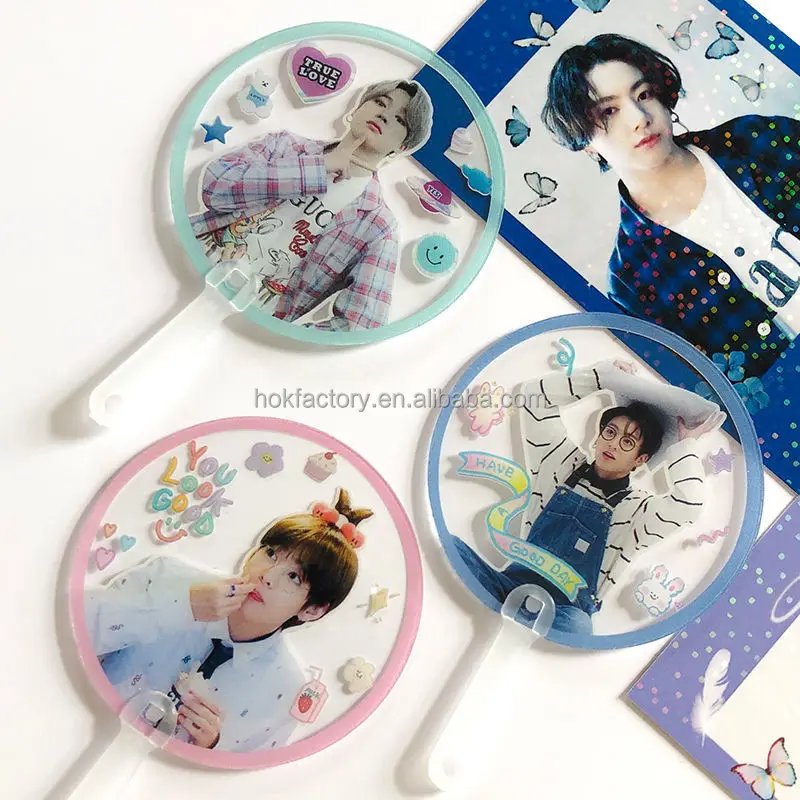 Fashion Custom kpop Double printed side Big size plastic transparent Circular Picket kpop hand fan for Idol Collection