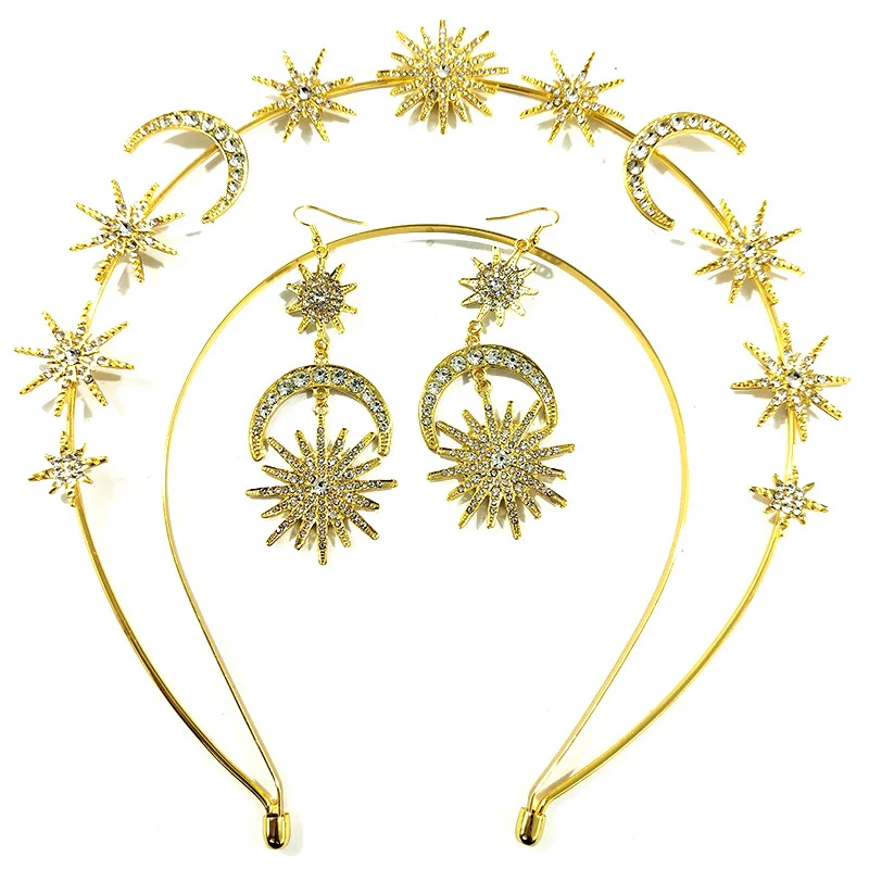 Luxury Baroque Wedding Bridal Headpiece Tiara Crown Exaggerated Sun Moon Star Goddess Rhinestone Headband Drop Earrings Set