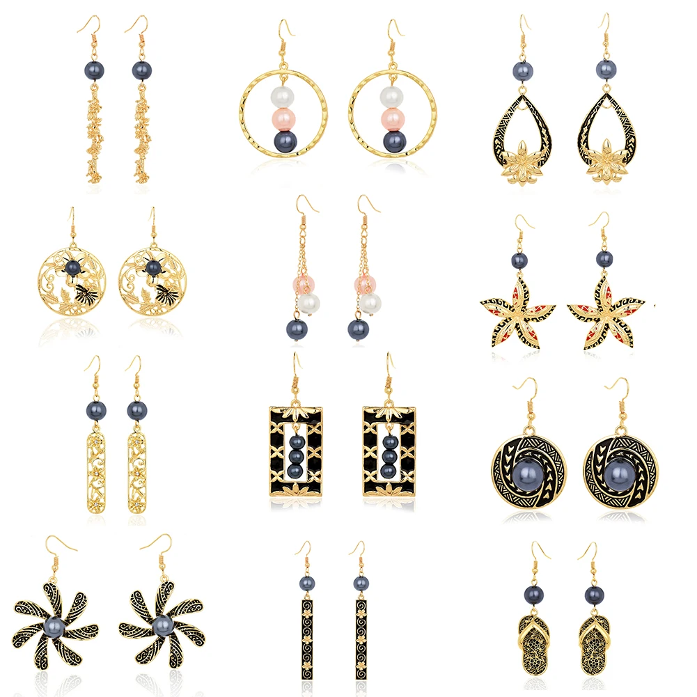 SophiaXuan JunJian Gold Plated Pearl Dangling Geometric polynesian jewelry  Hawaiian Earrings hawaiian jewelry wholesale