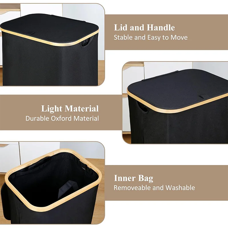 Large Foldable 100l Laundry Basket With Lid Clothes Hampers For Laundry With Bamboo Handles And A Removable Laundry Bag