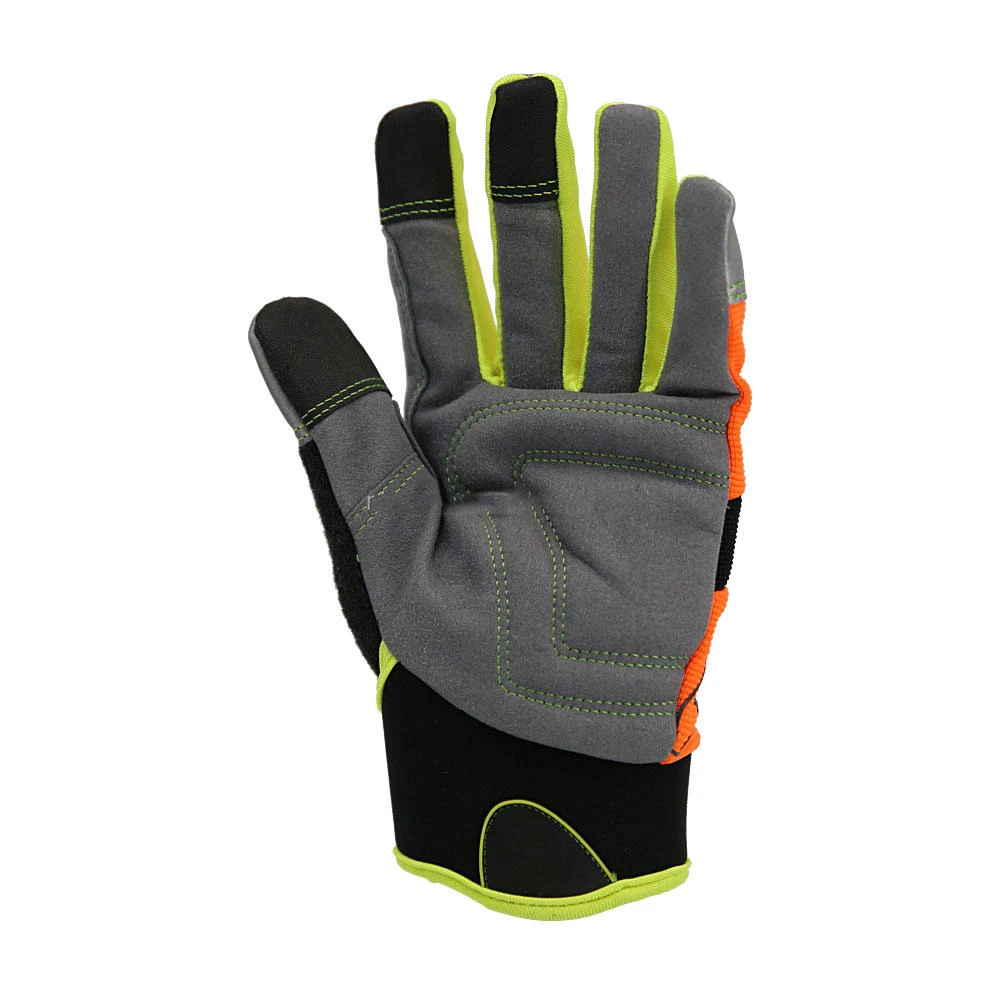 High Visibility Fluorescent Cheap Elastic Synthetic Leather Microfiber Touch Screen Impact Mechanic Gardening Safety Work Gloves