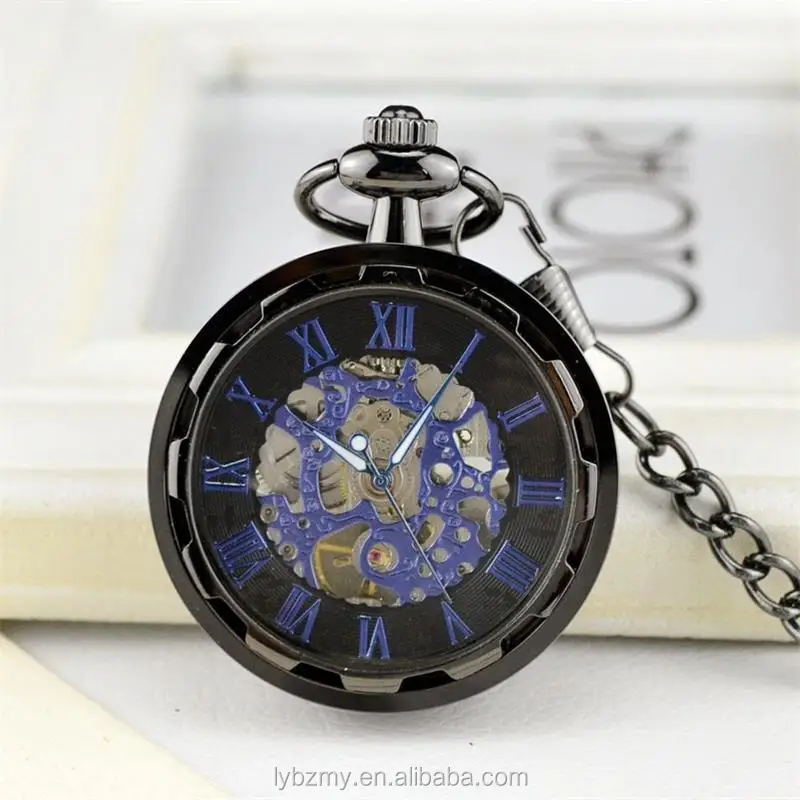 
Antique Skeleton mechanical Movement Hand Winding Black Blue Open Facemechanical pocket watch 