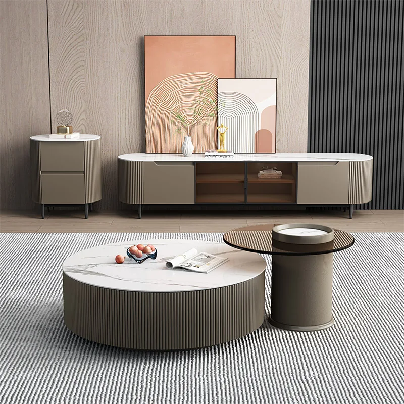 Luxury Round Coffee Table With Side Table and Tv Stand Set Marble Top Living Room Furniture Tv Set Table Cabinet Tv Stand