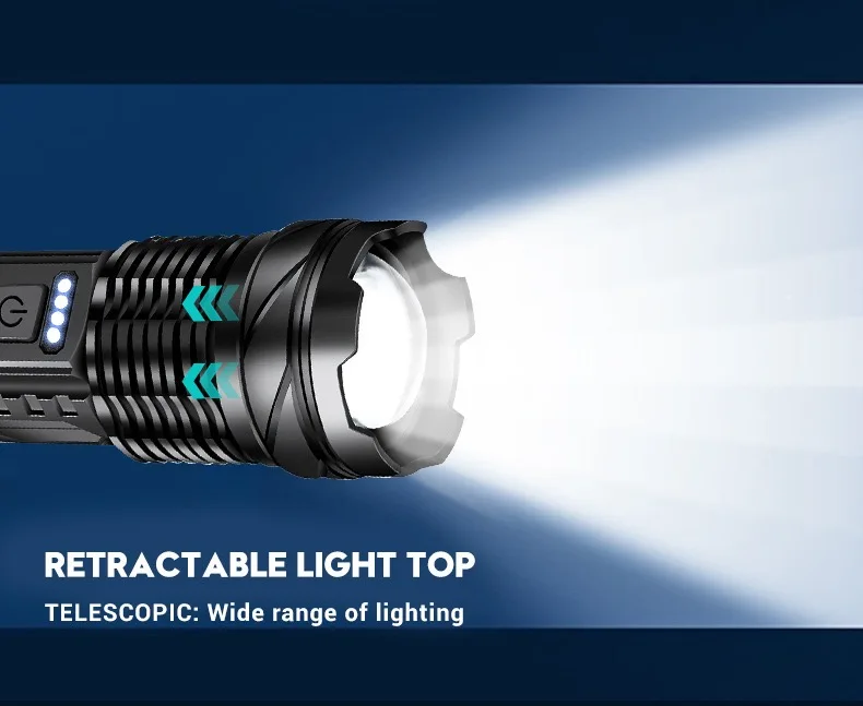High Power Zoomable Flashlight 1000 Lumens Rechargeable Hand Torch with Side LED Work Lights