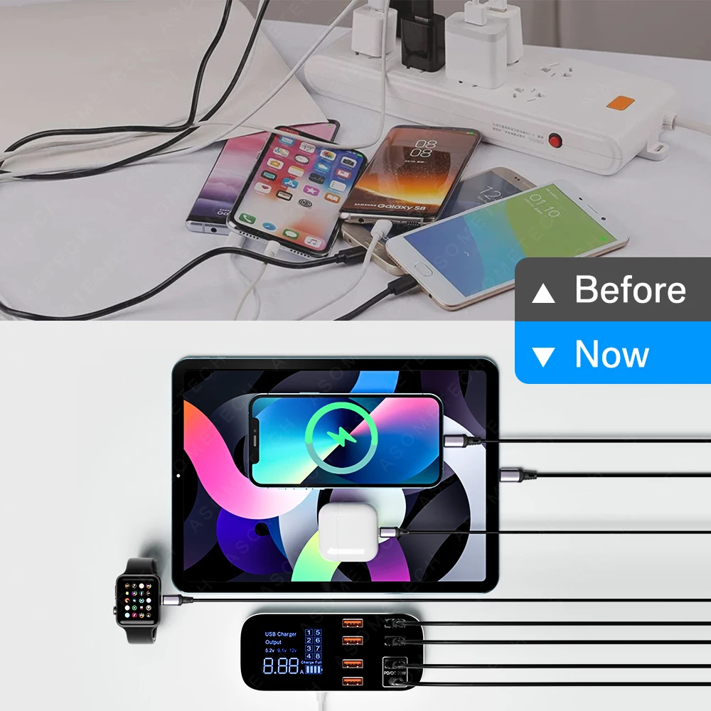 40W USB Phone Charger QC3.0 USB C Type C Fast Charger 8 Ports 8A Digital Display Charging Station Portable Travel Wall Charger