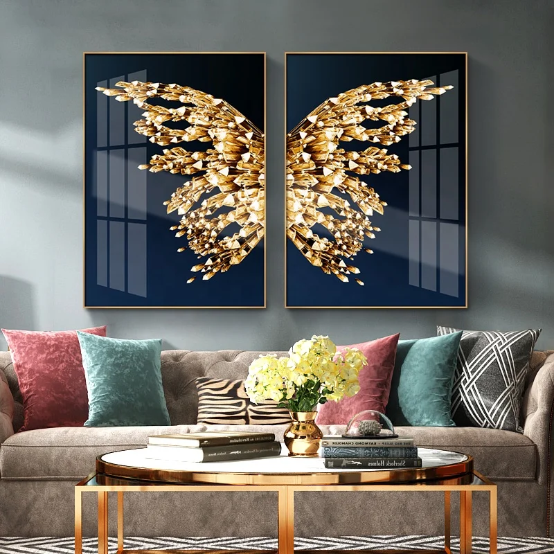 Modern Gold Butterfly Abstract Crystal Porcelain Painting Art Work With Aluminium Metal Framed For Living Room Decor