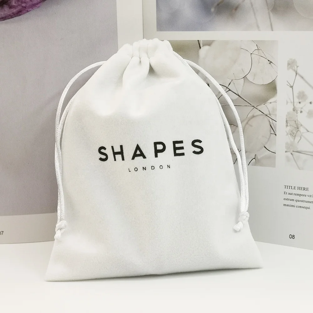 Luxury White Velvet Drawstring Bag Custom Logo Printed Jewelry Perfume Packaging Velvet Bag