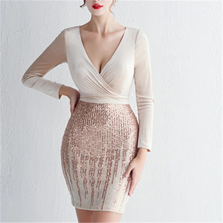 Women Elegant velvet Long Sleeve Sequins V Neck Mini wedding dresses evening dress