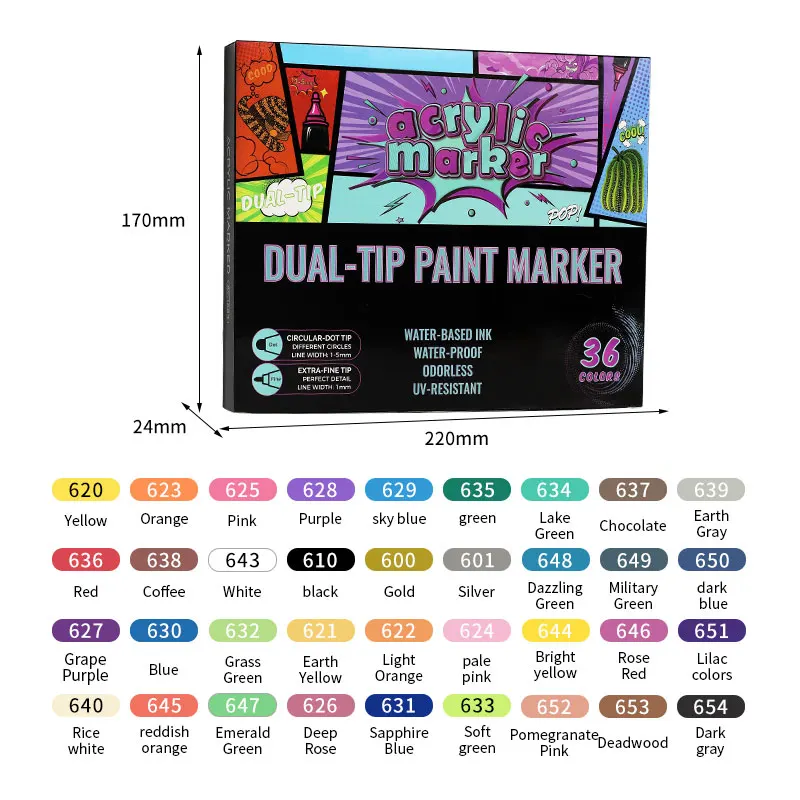 Kids Friendly 36 Color Dual Tip Art Markers Set Cotton Core Waterproof Permanent Acrylic Paint Markers For Painting Graffiti