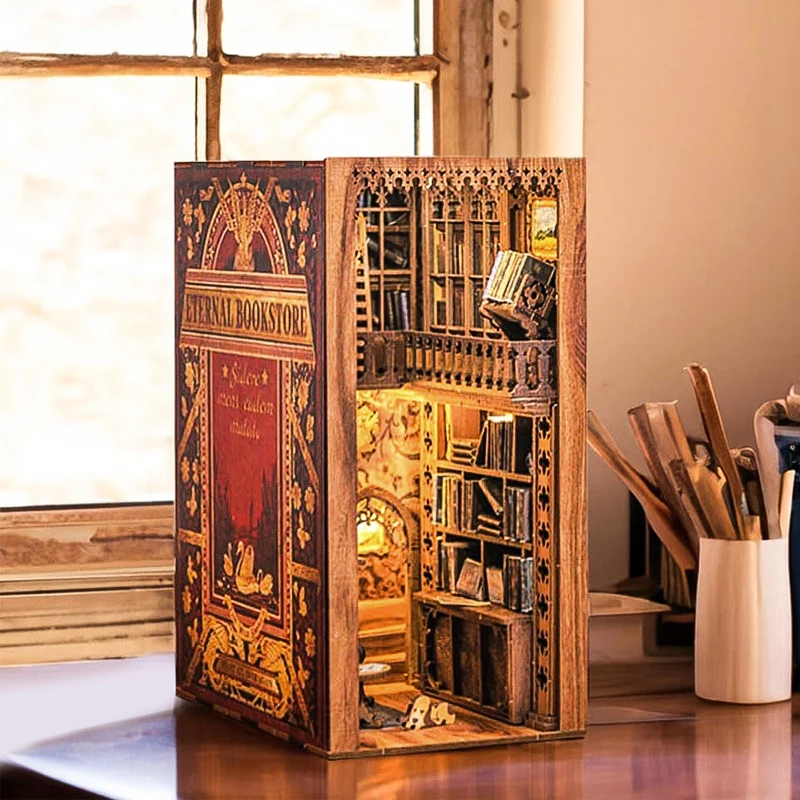 CuteBee 3D Wooden Puzzle Eternal Bookstore Handmade Craft Dollhouse with Light Building Model Toys Book Nook Kit