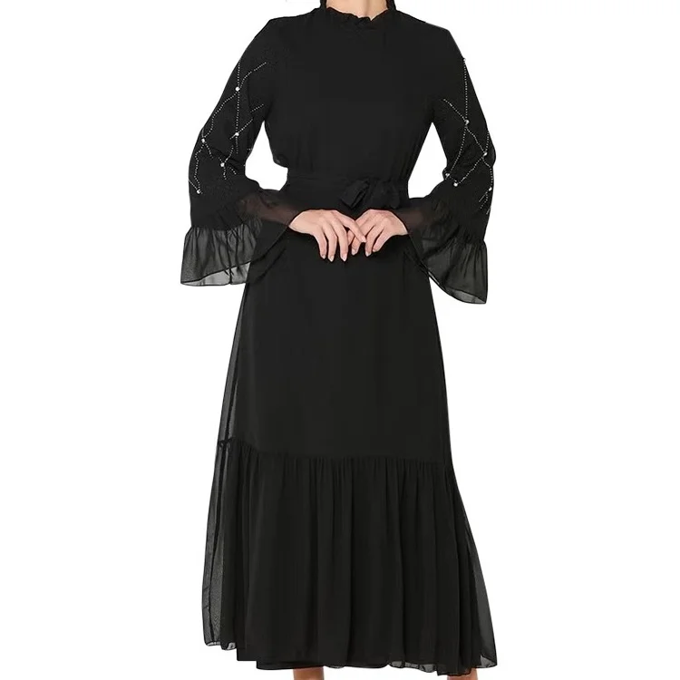 Dubai Middle East dress falbala collar flare sleeve belt sequined shrink pleats chiffon jalabiya for muslim women abaya
