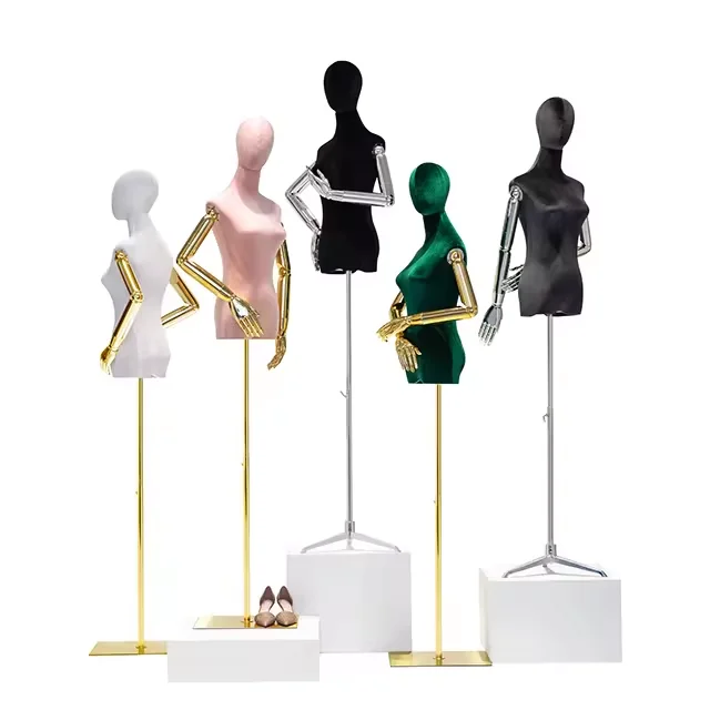 New Arrival Luxury Velvet Female Mannequin with Gold Silver Arms Adjustable Half Body Wooden Mannequin for Clothing Display