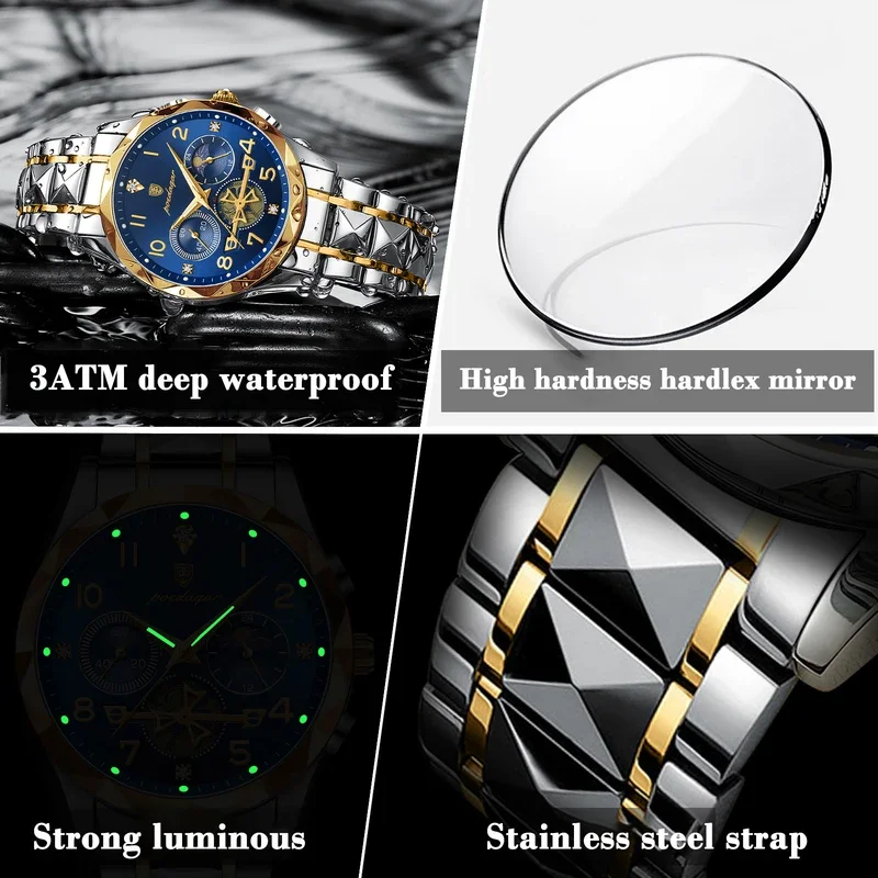 POEDAGAR 972 Top Brand Mens Classic Stainless Steel Chronograph Quartz Waterproof Luminous Watch for Men Low Prices Waterproof