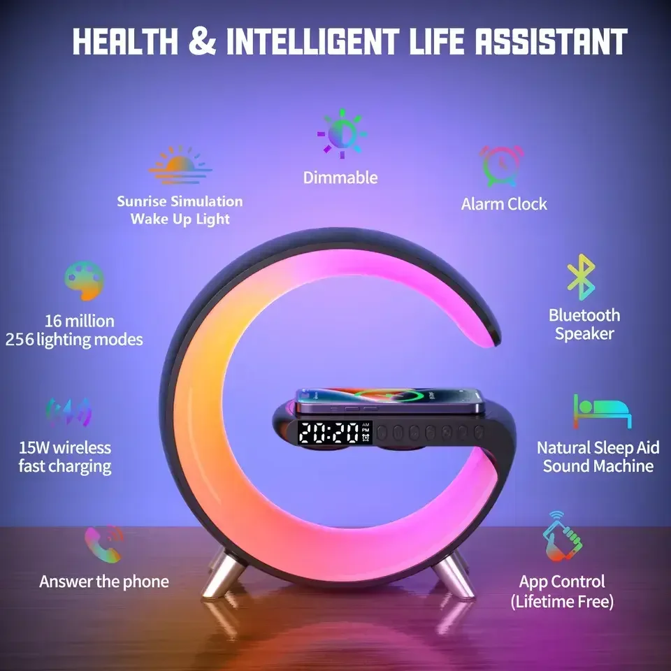 LDNIO 9 in 1 Wireless Phone Charger With Speaker Multifunction Charger App Control Desk RGB Night Music Lamp Alarm Clock
