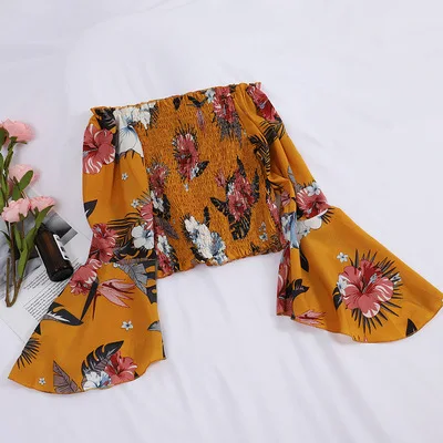 Women off Shoulder Long Sleeve Shirt Floral Printed Woman Casual Blouse