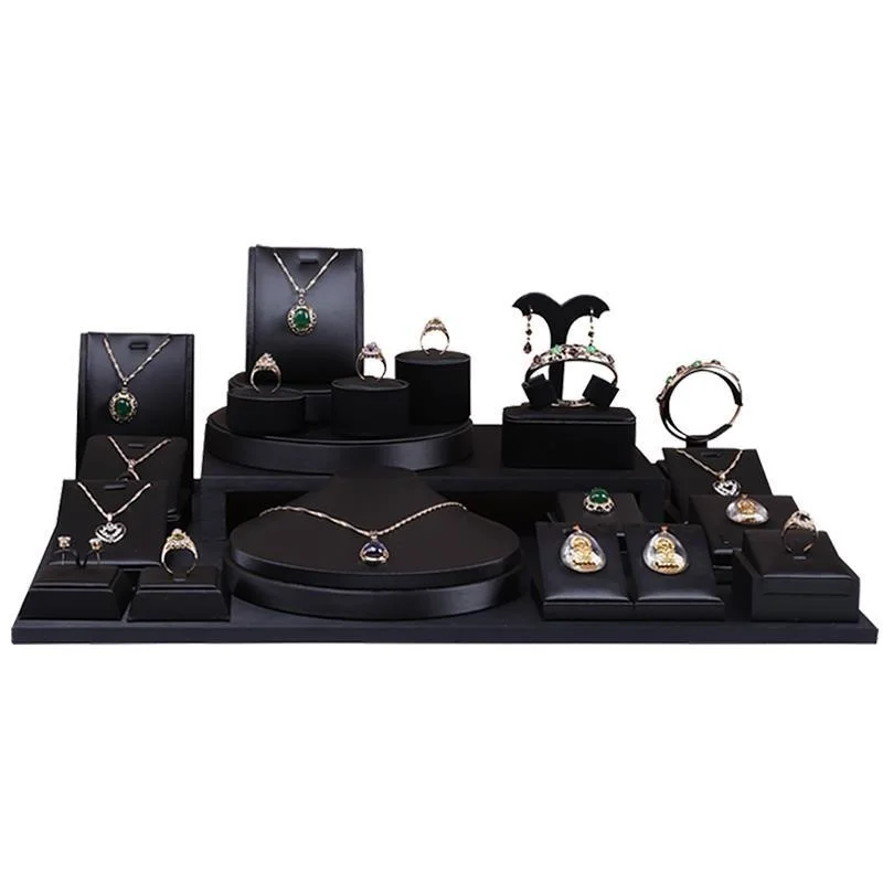 High-end black PU luxury jewelry display props necklace bracelet rack jewelry display rack ring tray counter display 1SETS