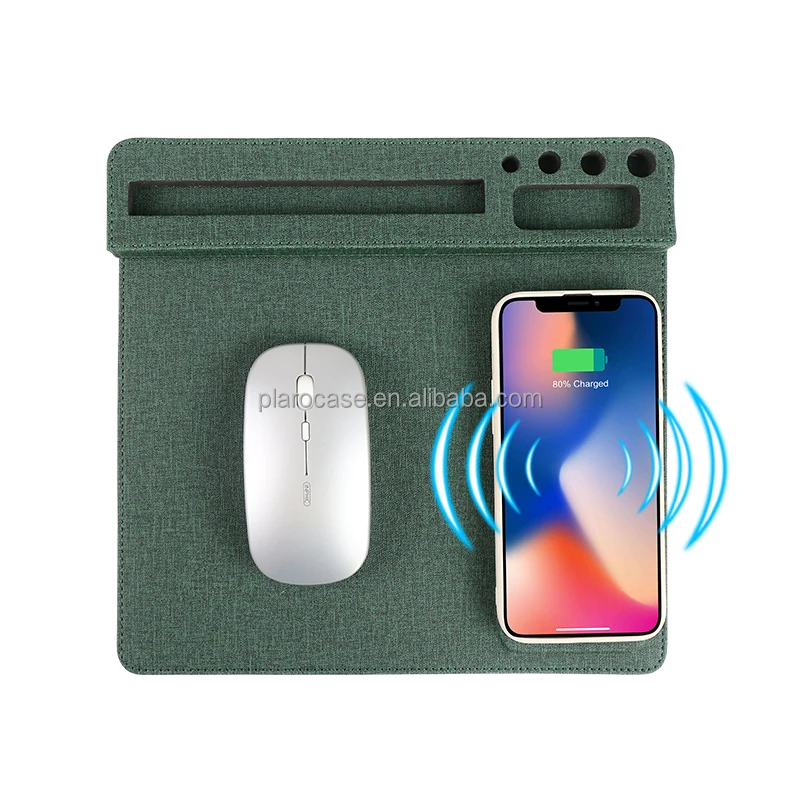 Custom PU Leather Wireless Charging Mouse Pad with USB Hub Pen Phone Holder