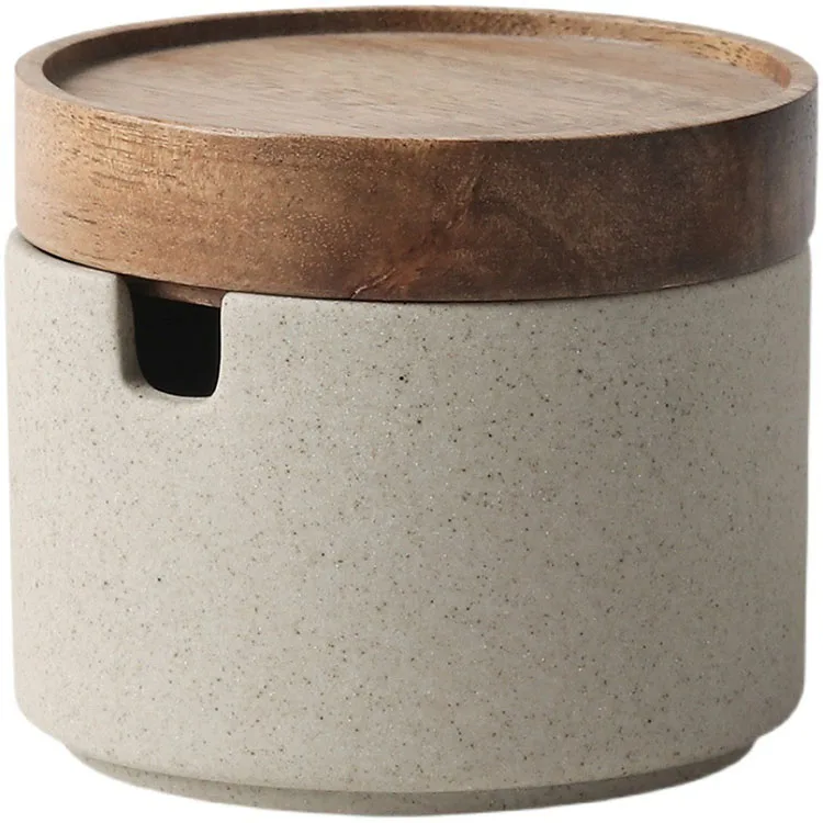 Wholesale high quality ceramic jar vintage home seasoning bottle spice container set with lid scoop wood tray