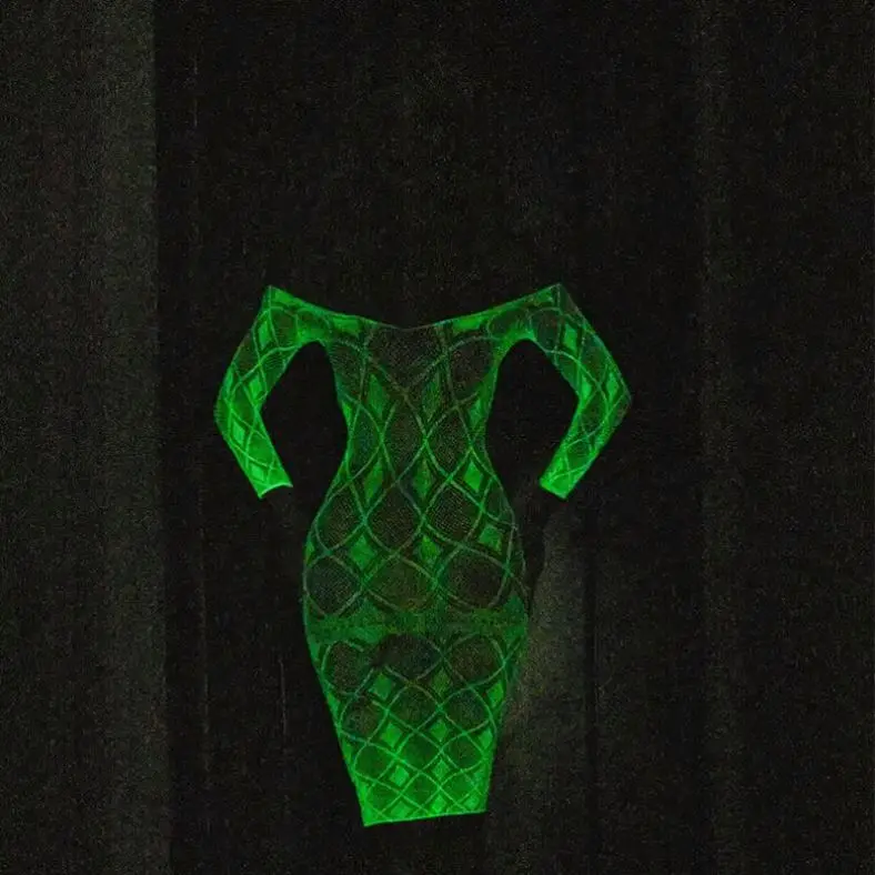 Sexy One Piece Glow in Dark Lingerie Erotic Long Sleeve Wrapped Corset Mesh Dress Sexy Hollow out Luminous One-Piece Stockings