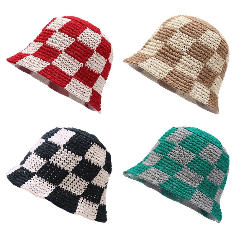 Spring Summer Handmade Plaid Bucket Hats Crochet Women Soft Sun Beach Hats Checkered Bucket Hat