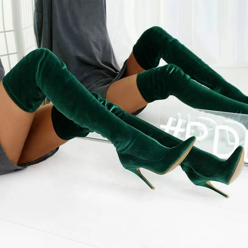 BUSY GIRL MF24124 thigh high boots women bright sexy high heels pointed head velvet nightclub runway show zipper long boots
