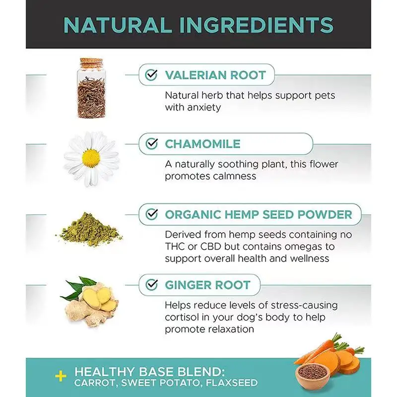OEM конопляные успокаивающие жевательные изделия для собак все натуральные закуски с конопляй + корень Валериана снятие стресса и