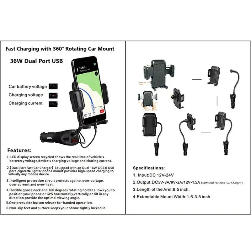 Car Charger Holder Mount Wireless Charger Phone Holder Dual USB Detector Adjustable Cell Phone Holder Cigarette Lighter Splitter