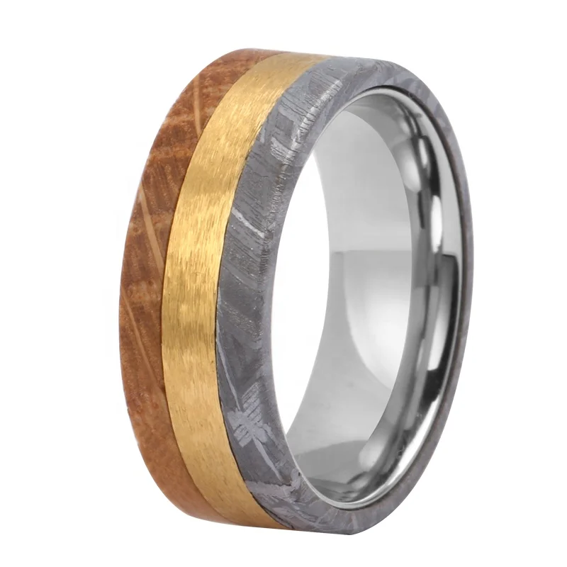 TIZTI Ring Jewelry 8mm Stainless Steel ring Muonionalusta Meteorite and Koa Wood inlay Tungsten Men rings