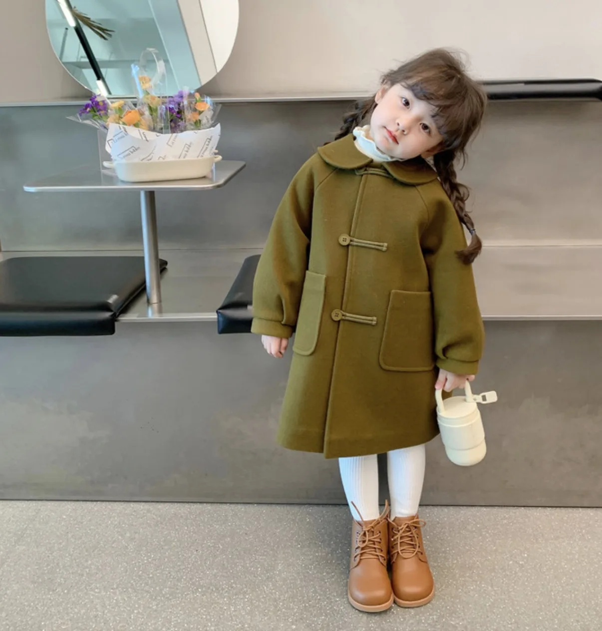 Girls Cute Green Girls Coat Winter Cotton Double breasted 2-pocket Children Clothes Outerwear