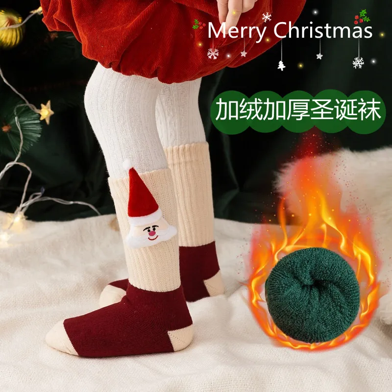 Jingwen OEM Calcetines Navidenos Winter Terry Christmas Baby Socks With Ribbons