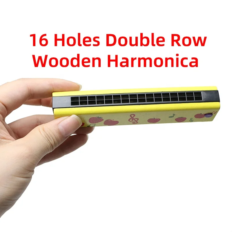 Mouth Organ Wooden Blues Harmonica 16 Holes Double Row Wooden Chromatic Harmonicas Children Early Education Musical Instrument