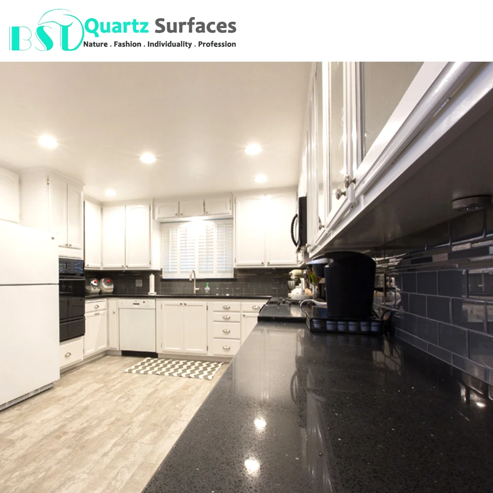 Sparkling Black Kitchen Quartz Stone Table Top stone Island Porcelain Polished Glazed Slab Kitchen Countertop
