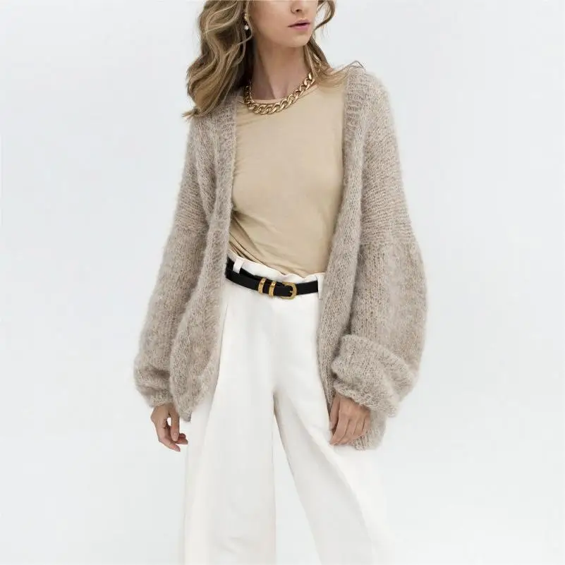 2024 Manufacturer Custom Handmade Oversized Ladies Fuzzy Knit Merino Wool Alpaca Open Front Cardigan Sweater For Women